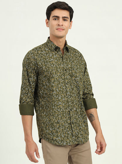Olive Green Printed Slim Fit Semi Casual Shirt | Greenfibre