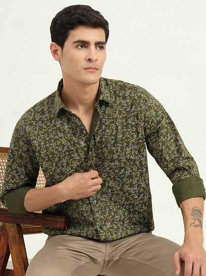 Olive Green Printed Slim Fit Semi Casual Shirt | Greenfibre