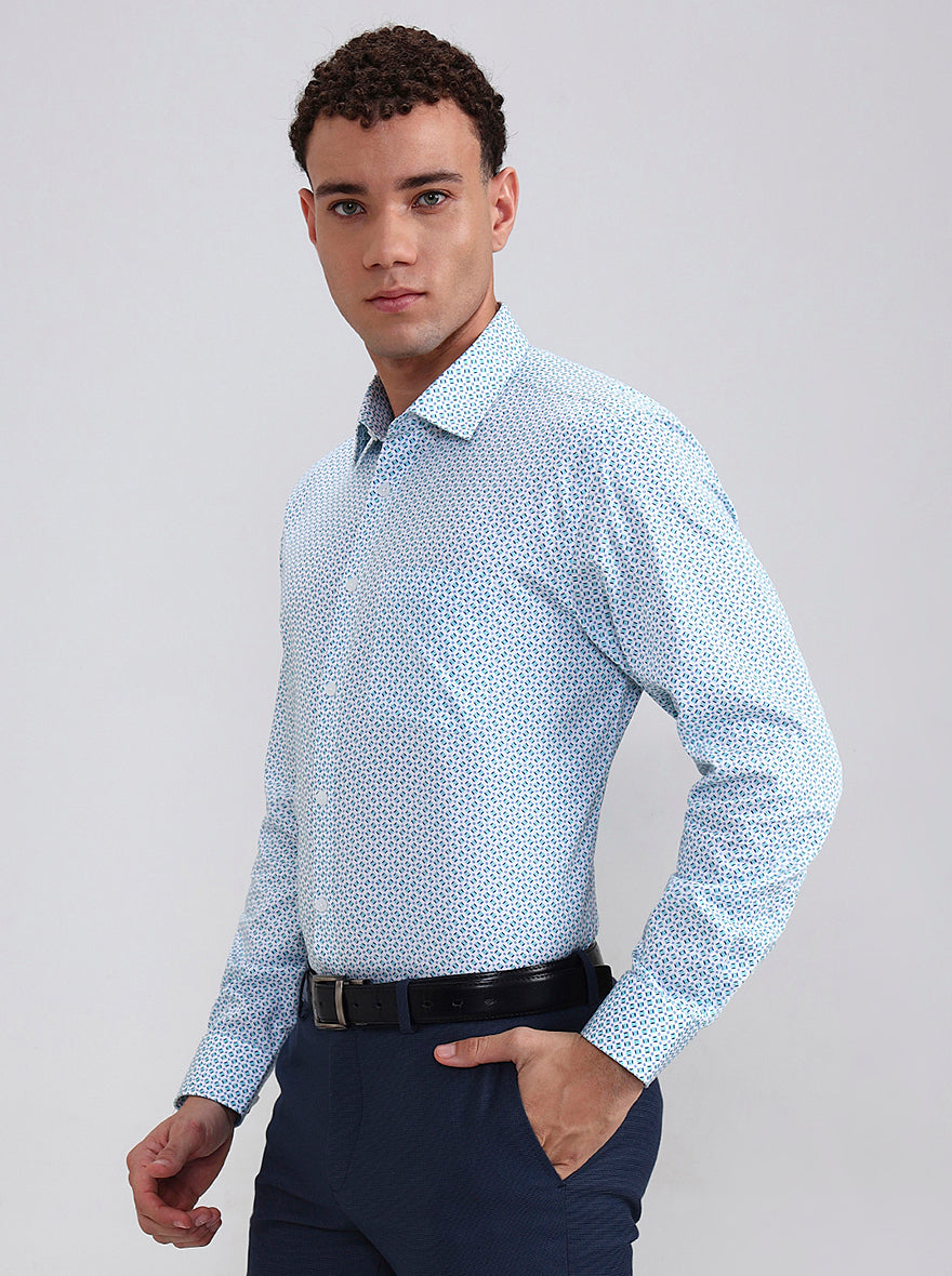 White & Green Printed Regular Fit Formal Shirt | JadeBlue