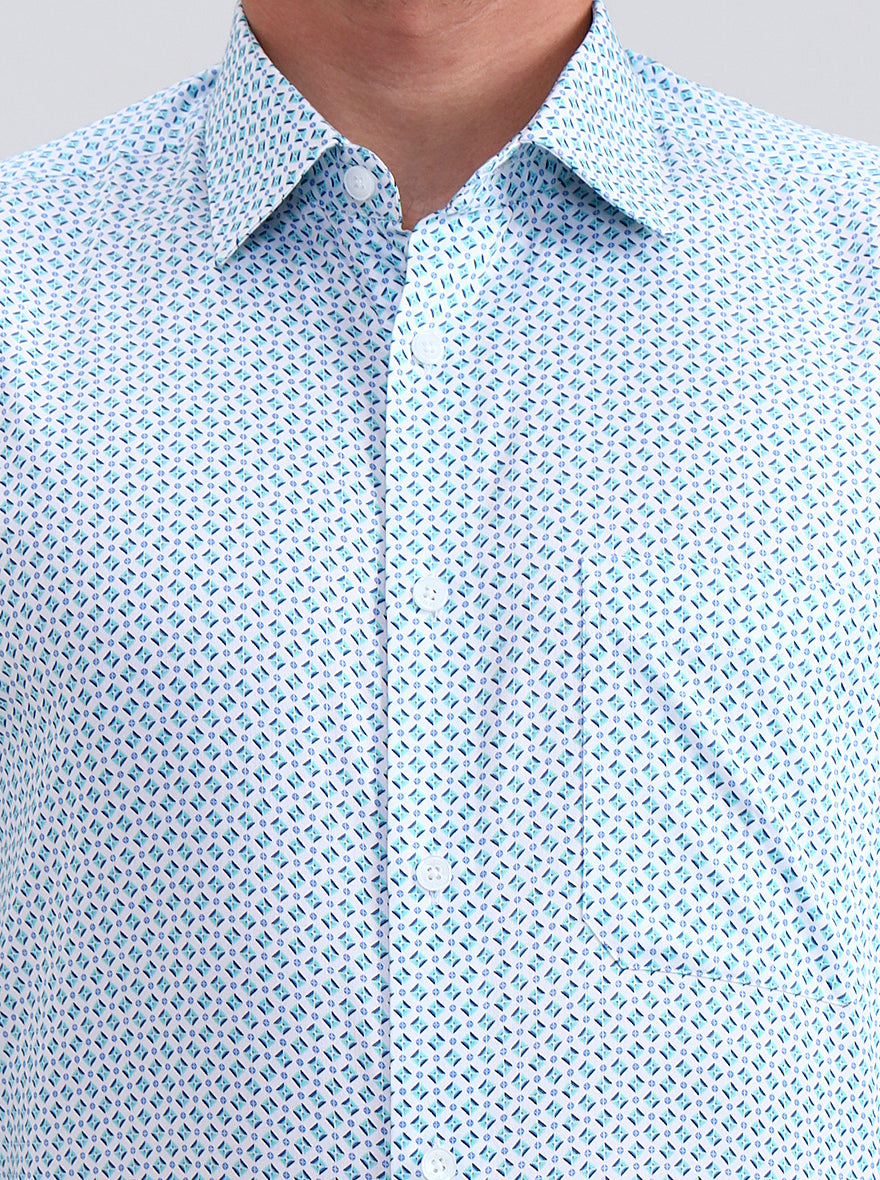 White & Green Printed Regular Fit Formal Shirt | JadeBlue
