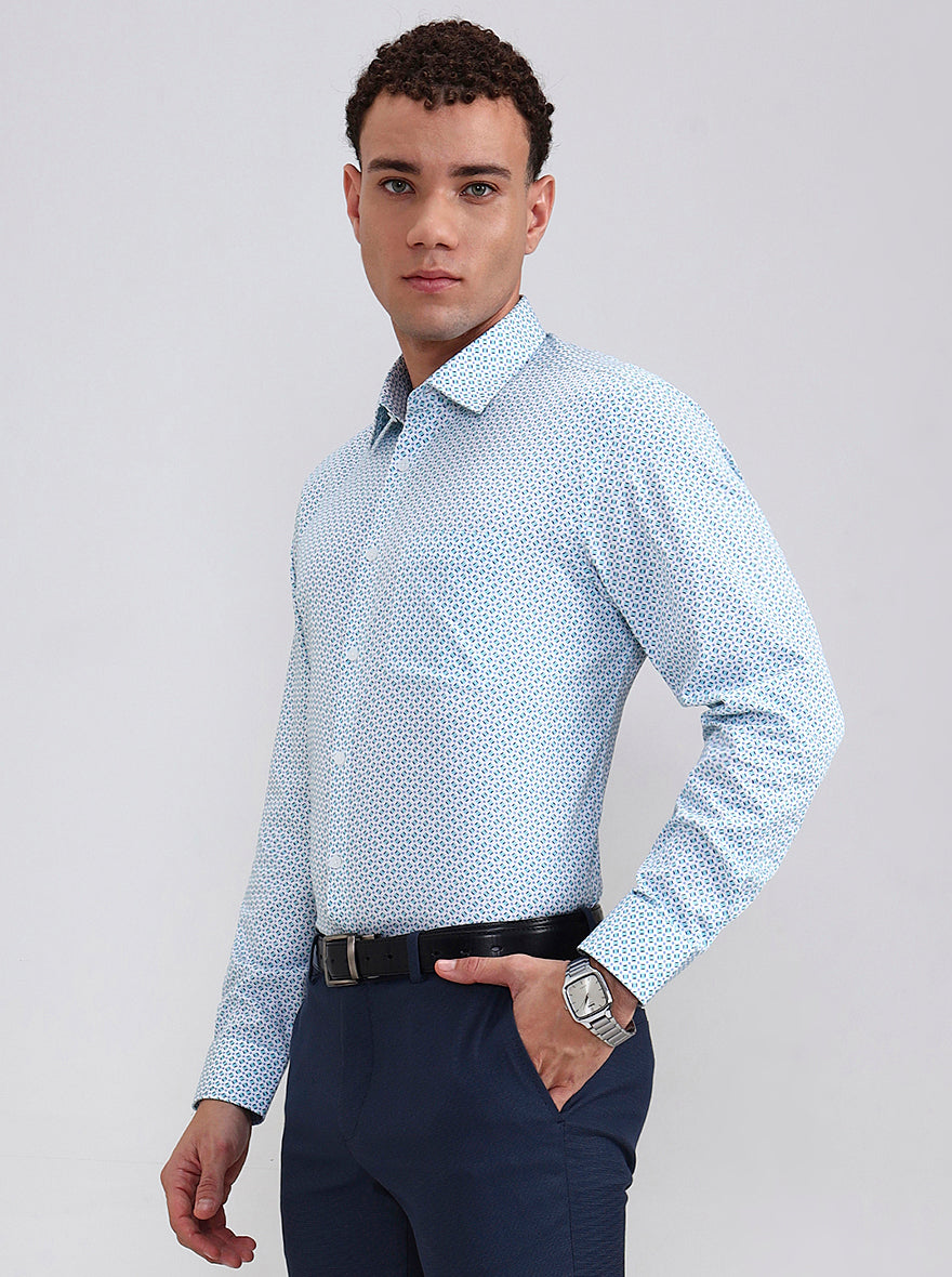 White & Green Printed Regular Fit Formal Shirt | JadeBlue