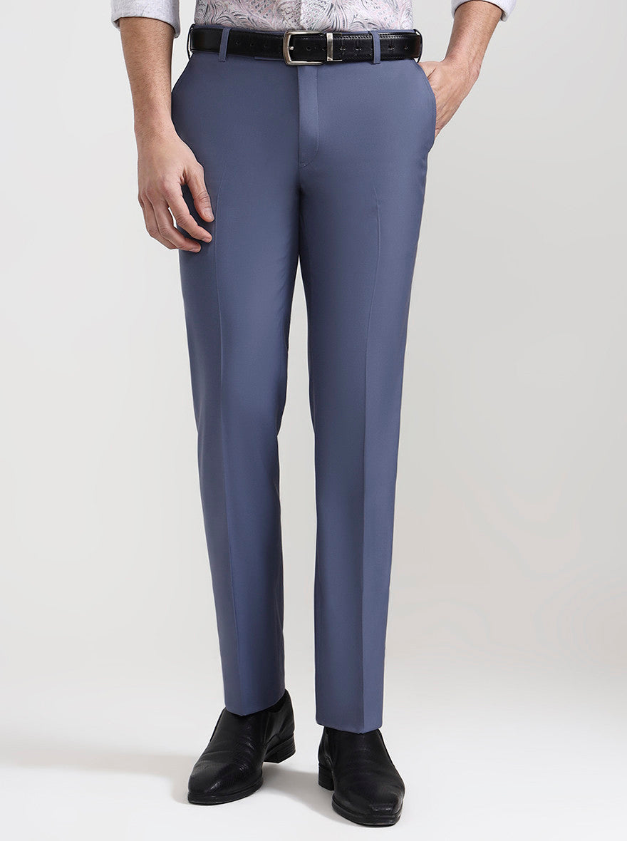 Blue Solid Slim Fit Formal Trouser | Metal