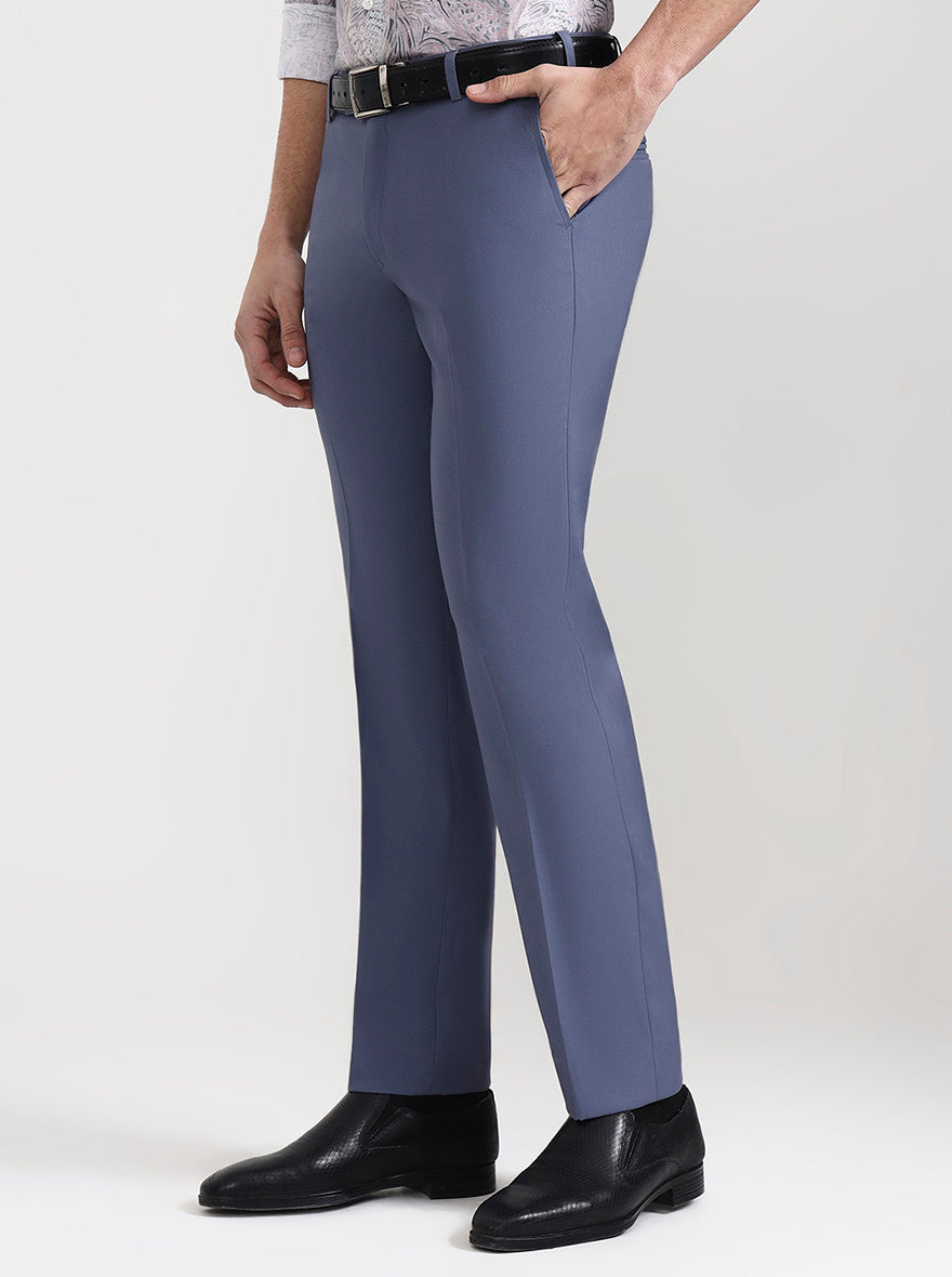 Blue Solid Slim Fit Formal Trouser | Metal