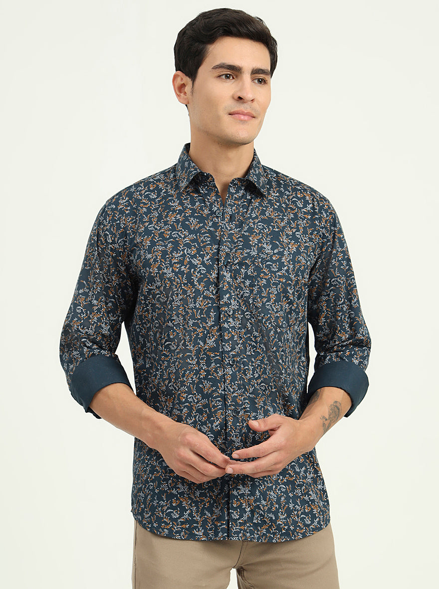 Navy Blue Printed Slim Fit Semi Casual Shirt | Greenfibre