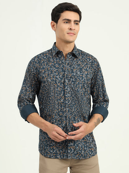 Navy Blue Printed Slim Fit Semi Casual Shirt | Greenfibre