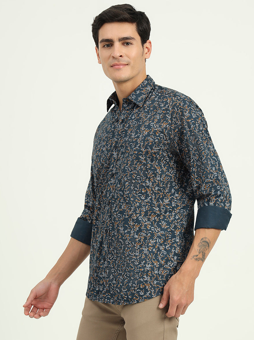Navy Blue Printed Slim Fit Semi Casual Shirt | Greenfibre