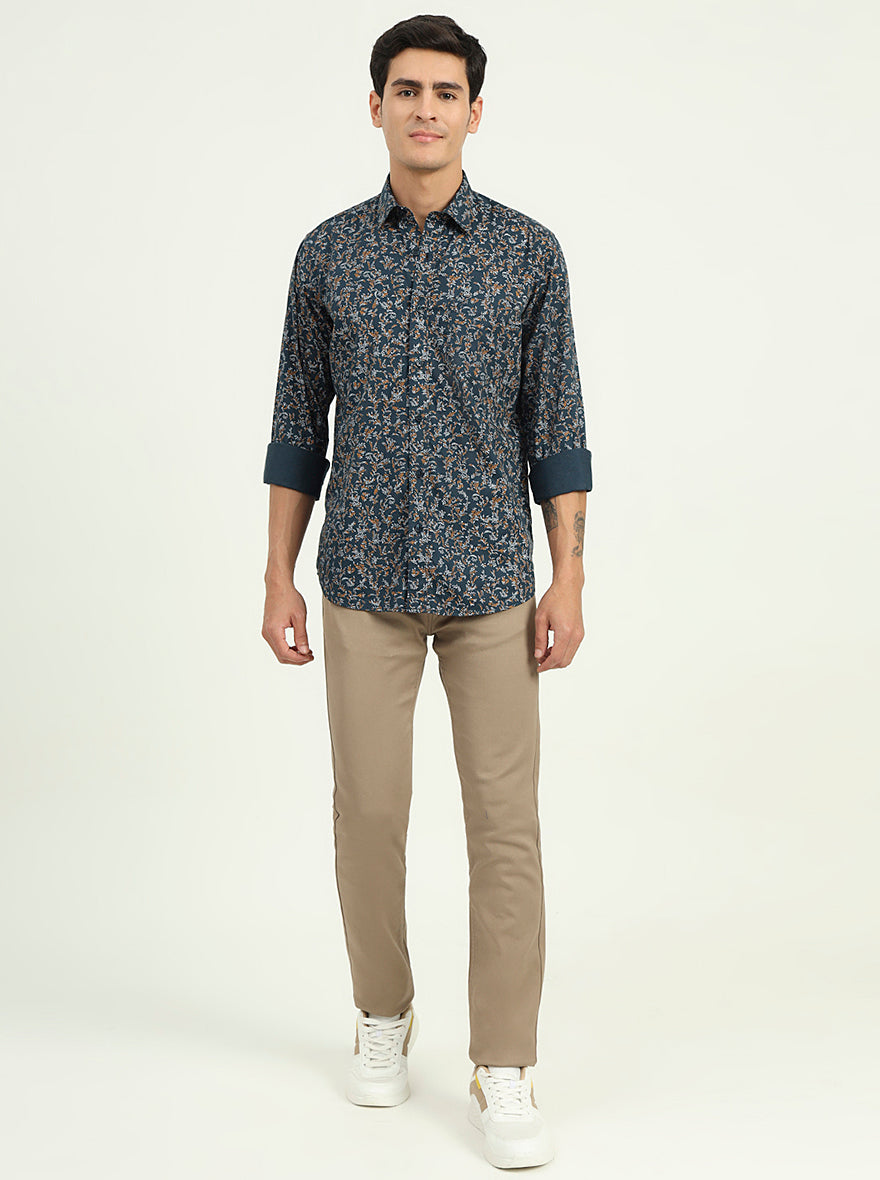 Navy Blue Printed Slim Fit Semi Casual Shirt | Greenfibre