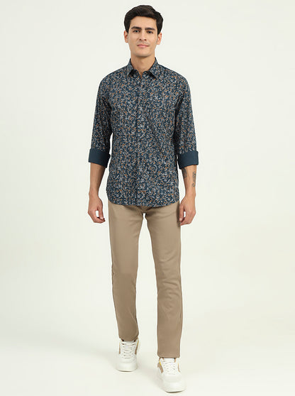 Navy Blue Printed Slim Fit Semi Casual Shirt | Greenfibre