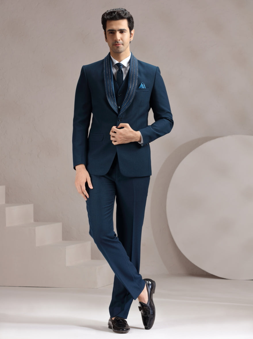 Peacock Blue Self Design & Placement Embroidery Suit | JadeBlue