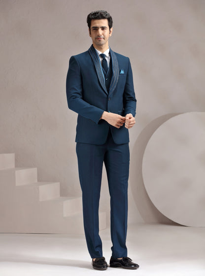 Peacock Blue Self Design & Placement Embroidery Suit | JadeBlue