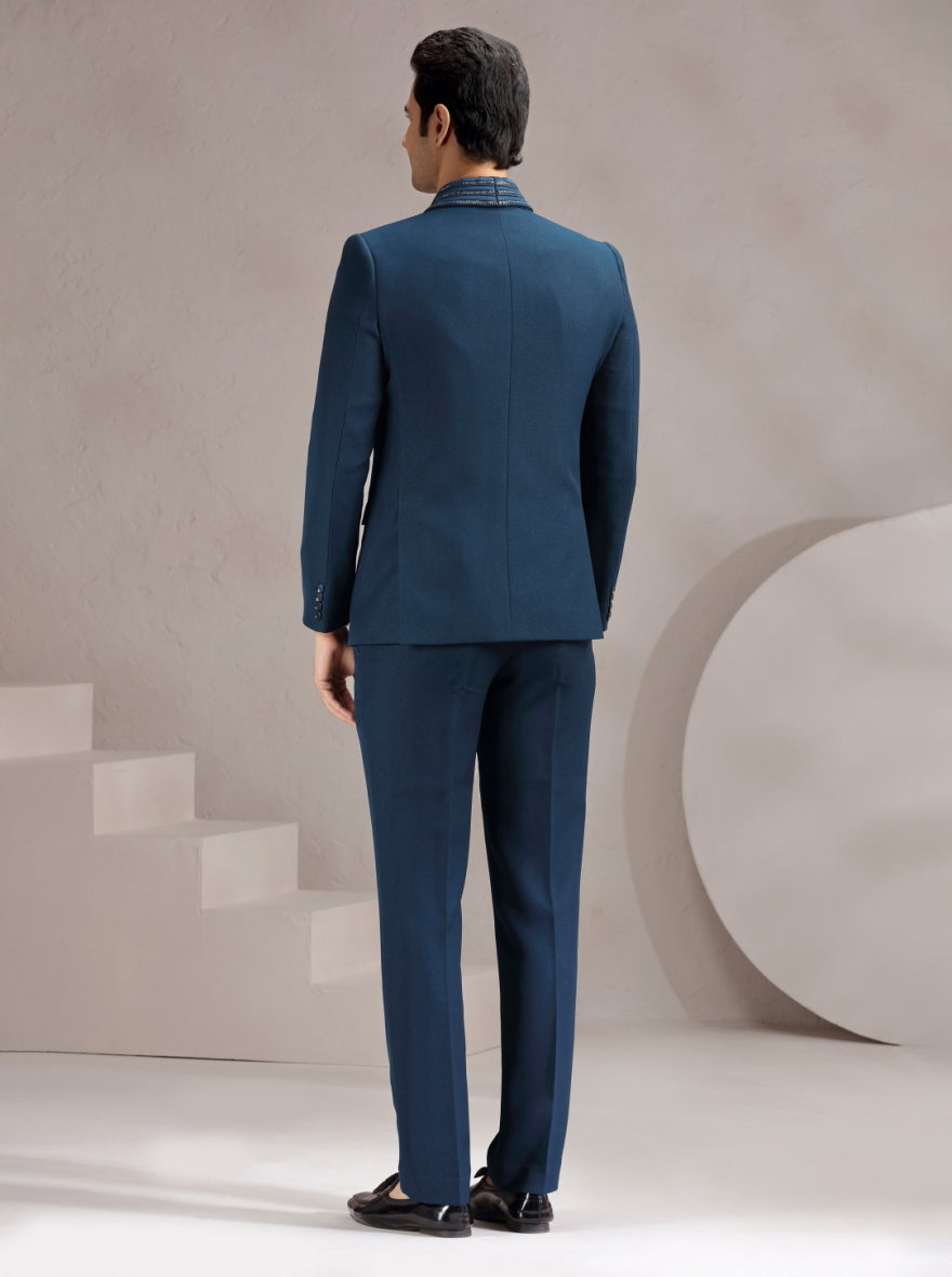 Peacock Blue Self Design & Placement Embroidery Suit | JadeBlue