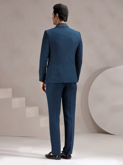 Peacock Blue Self Design & Placement Embroidery Suit | JadeBlue