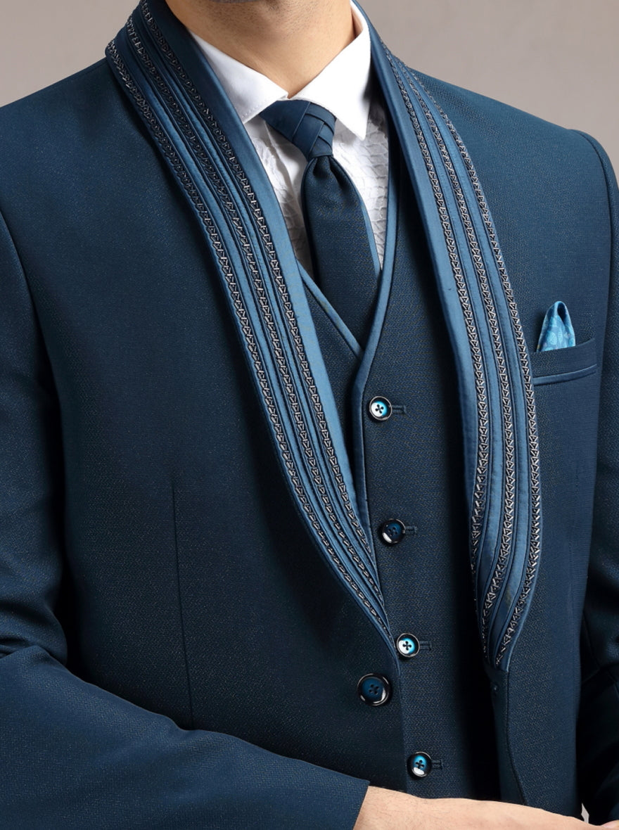 Peacock Blue Self Design & Placement Embroidery Suit | JadeBlue