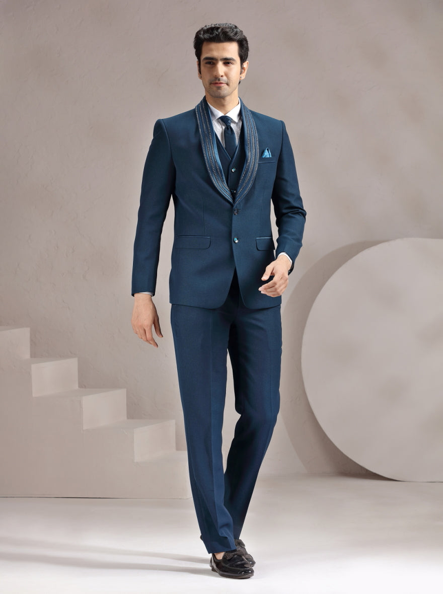 Peacock Blue Self Design & Placement Embroidery Suit | JadeBlue