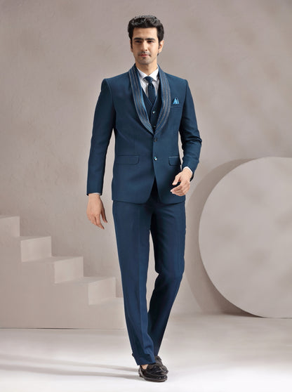 Peacock Blue Self Design & Placement Embroidery Suit | JadeBlue