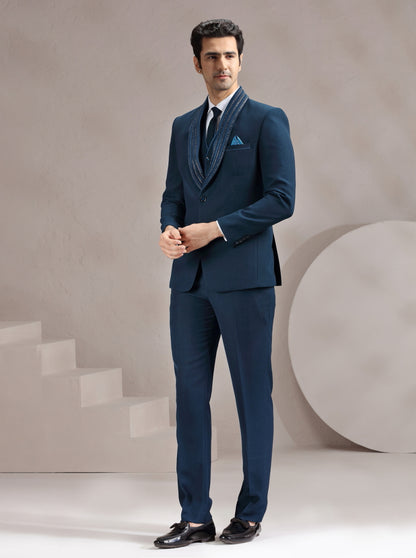 Peacock Blue Self Design & Placement Embroidery Suit | JadeBlue