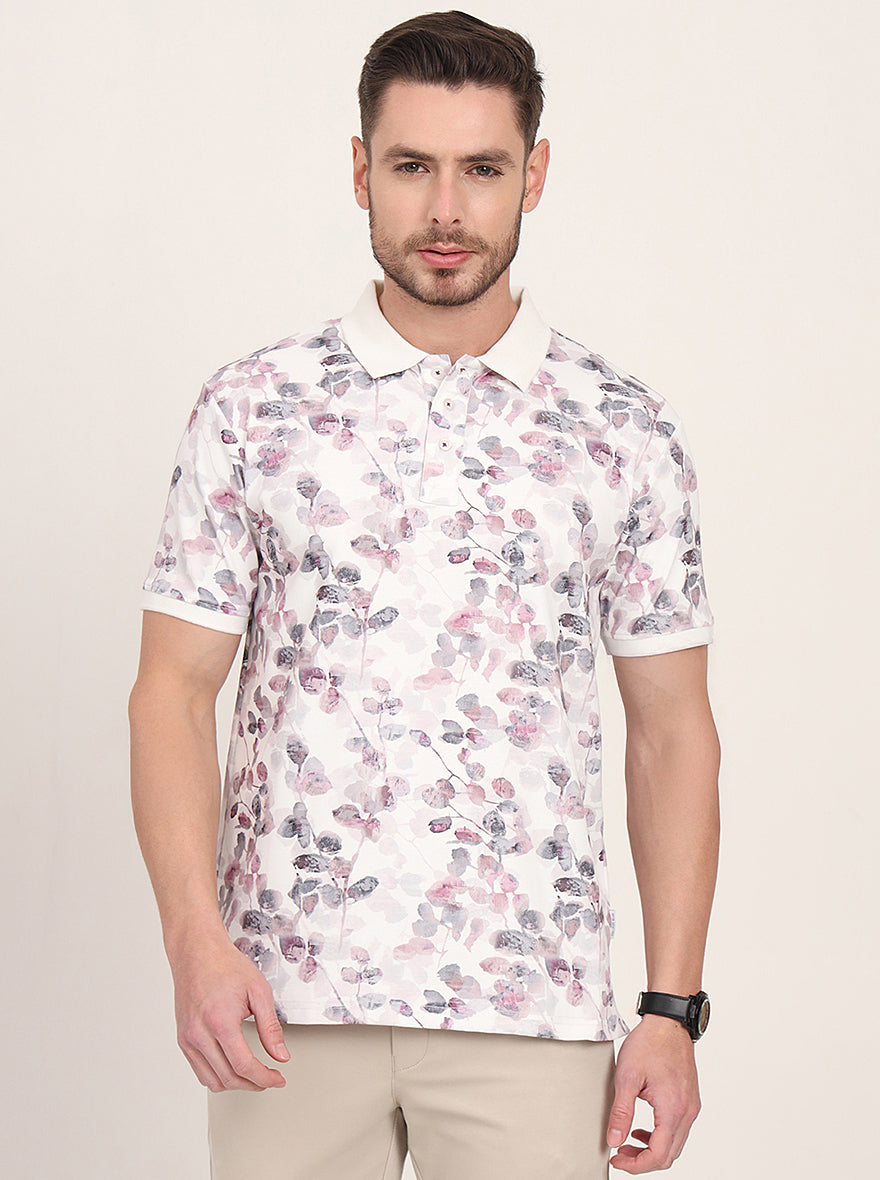 Snow White Printed Slim Fit Polo T-Shirt | JadeBlue