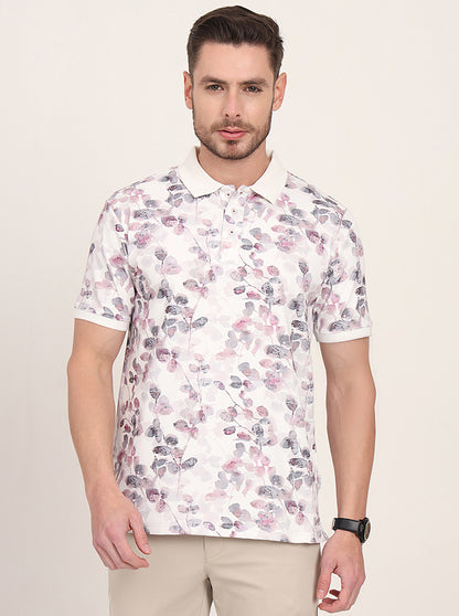 Snow White Printed Slim Fit Polo T-Shirt | JadeBlue