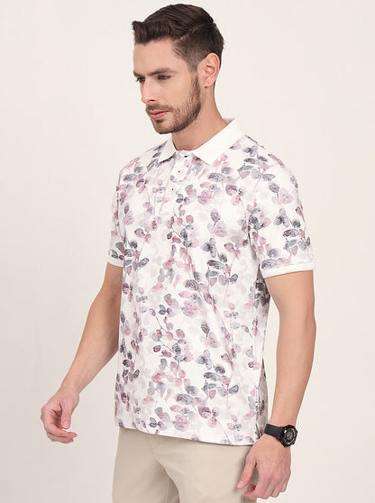 Snow White Printed Slim Fit Polo T-Shirt | JadeBlue