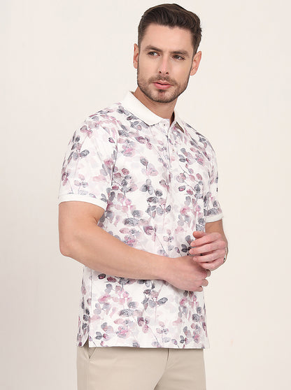 Snow White Printed Slim Fit Polo T-Shirt | JadeBlue