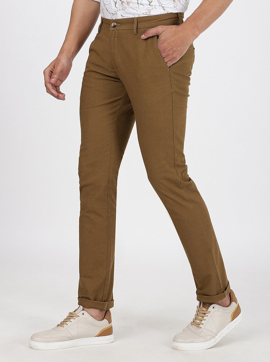 Khaki Solid Super Slim Fit Casual Trouser | Greenfibre