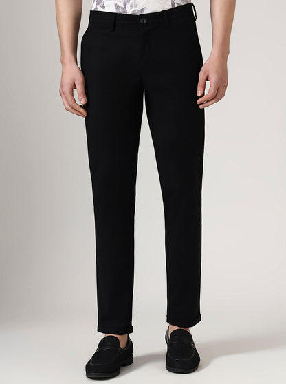 Black Solid Neo Fit Casual Trouser | Greenfibre