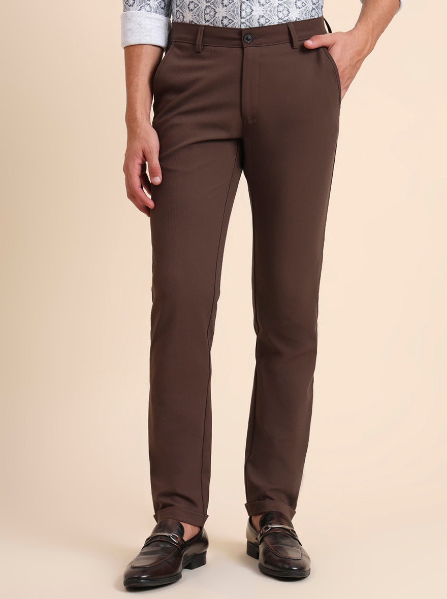Brown Solid Slim Fit Club Wear Trouser | JB Studio