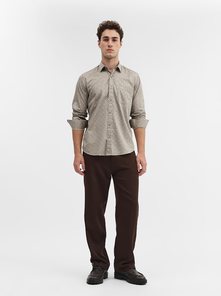 Beige Printed Smart Fit Semi Casual Shirt | Greenfibre