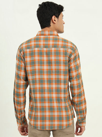Orange & Green Checked Slim Fit Casual Shirt | Greenfibre