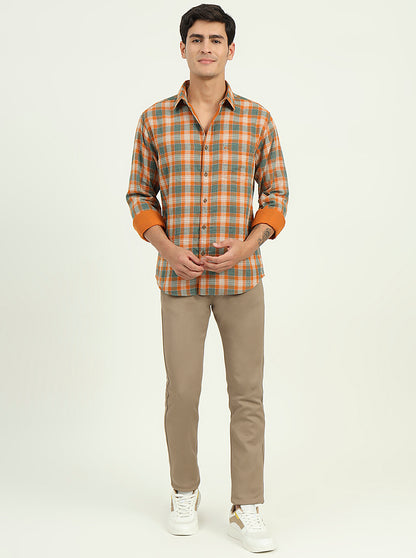 Orange & Green Checked Slim Fit Casual Shirt | Greenfibre