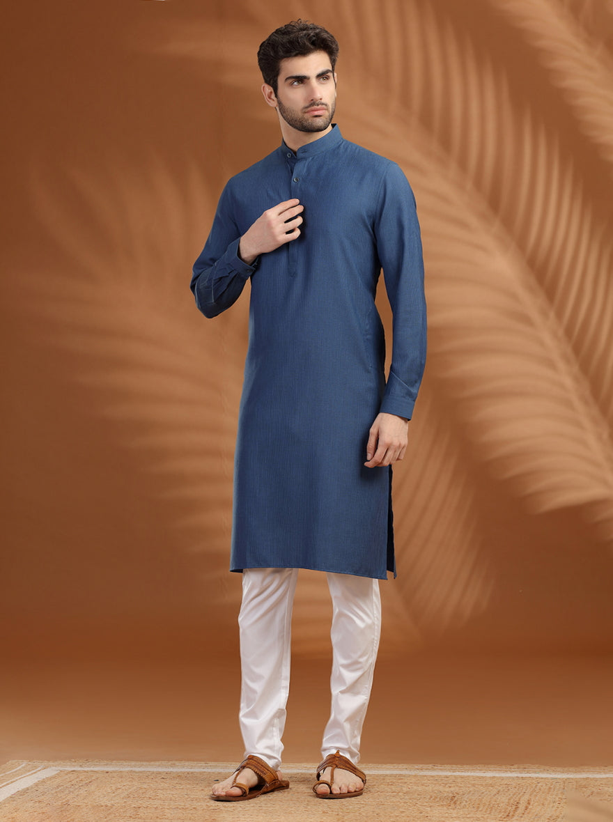Navy Blue Solid Modi Kurta | JadeBlue