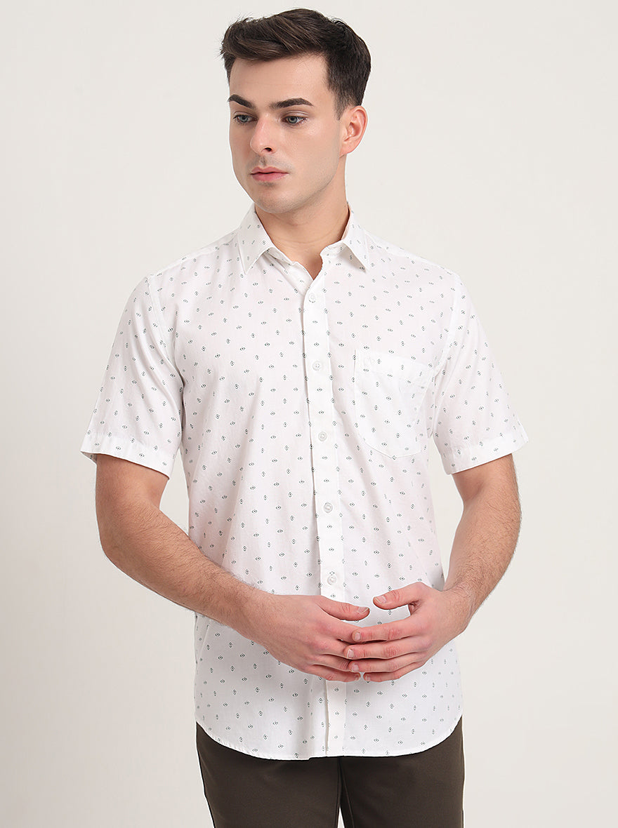 White Printed Slim Fit Semi Casual Shirt | JadeBlue
