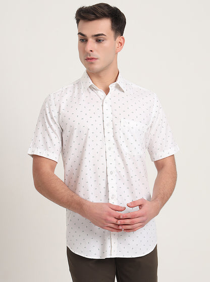 White Printed Slim Fit Semi Casual Shirt | JadeBlue