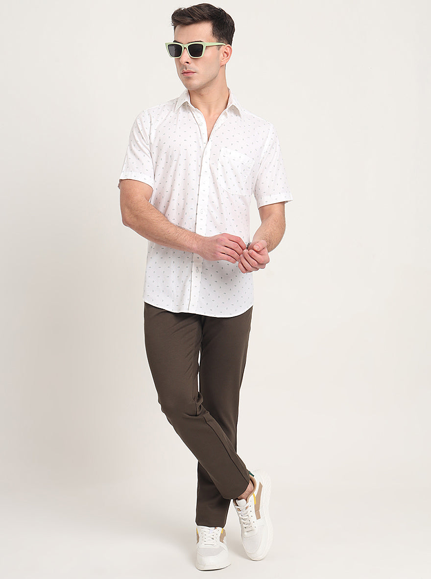 White Printed Slim Fit Semi Casual Shirt | JadeBlue