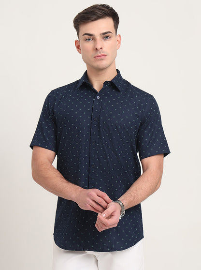 Navy Blue Printed Slim Fit Semi Casual Shirt | JadeBlue