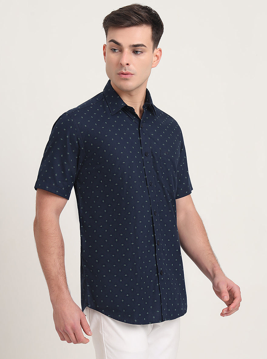Navy Blue Printed Slim Fit Semi Casual Shirt | JadeBlue