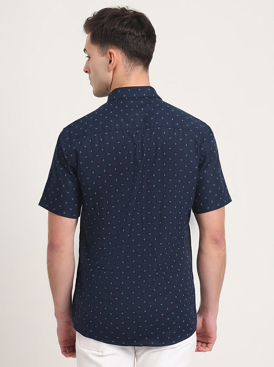 Navy Blue Printed Slim Fit Semi Casual Shirt | JadeBlue