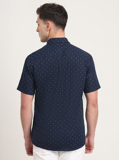 Navy Blue Printed Slim Fit Semi Casual Shirt | JadeBlue