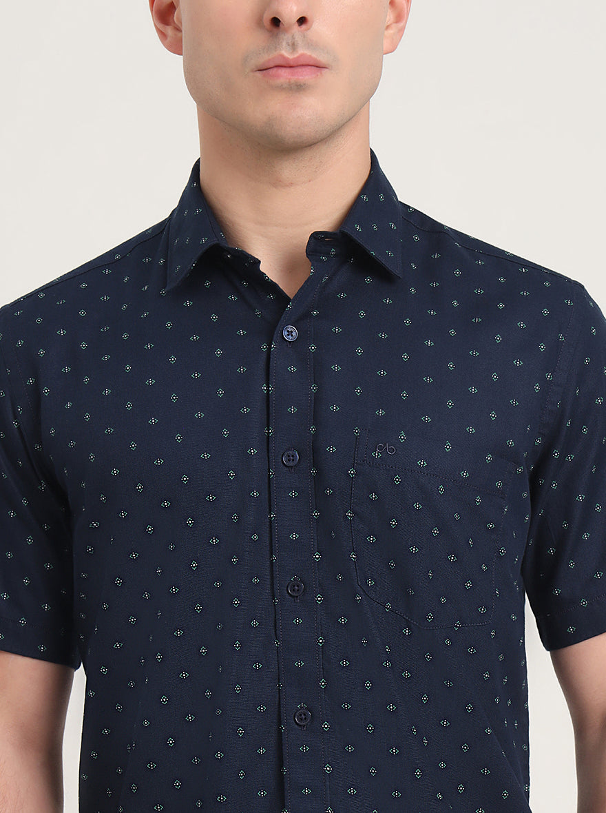 Navy Blue Printed Slim Fit Semi Casual Shirt | JadeBlue