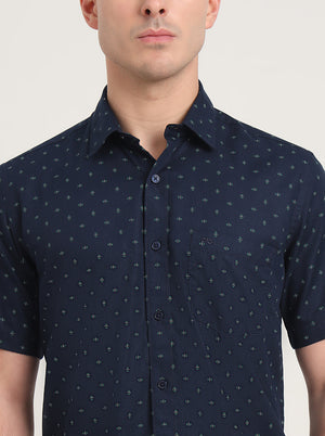 Navy Blue Printed Slim Fit Semi Casual Shirt | JadeBlue