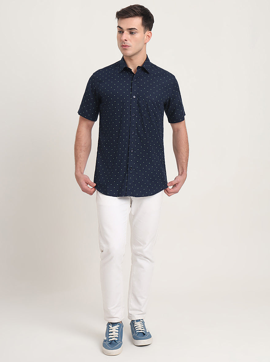 Navy Blue Printed Slim Fit Semi Casual Shirt | JadeBlue