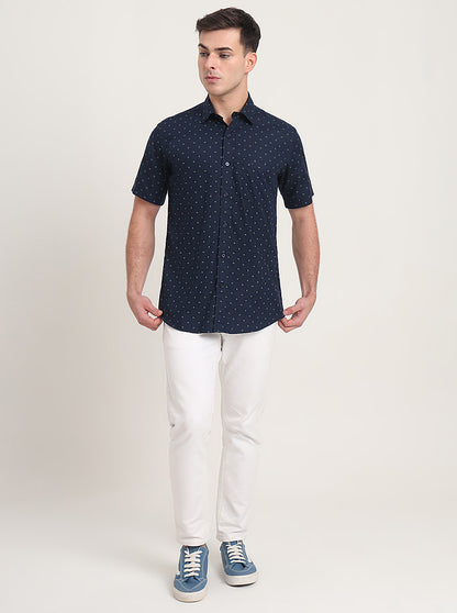 Navy Blue Printed Slim Fit Semi Casual Shirt | JadeBlue
