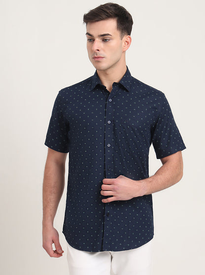 Navy Blue Printed Slim Fit Semi Casual Shirt | JadeBlue