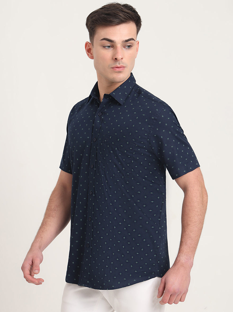 Navy Blue Printed Slim Fit Semi Casual Shirt | JadeBlue