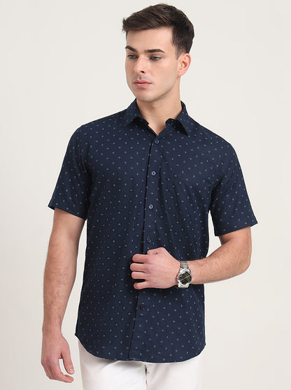 Navy Blue Printed Slim Fit Semi Casual Shirt | JadeBlue