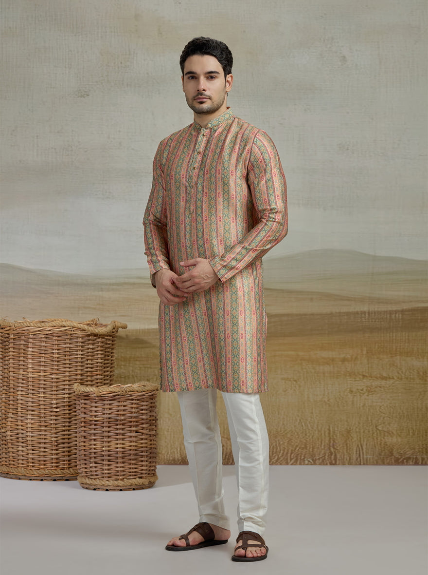 Peach & Green Printed Kurta | The Kurta Company