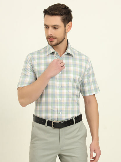 Green Checked Regular Fit Formal Shirt | JadeBlue