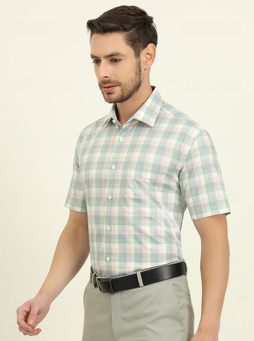 Green Checked Regular Fit Formal Shirt | JadeBlue
