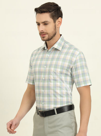 Green Checked Regular Fit Formal Shirt | JadeBlue