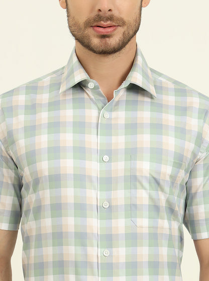 Green Checked Regular Fit Formal Shirt | JadeBlue